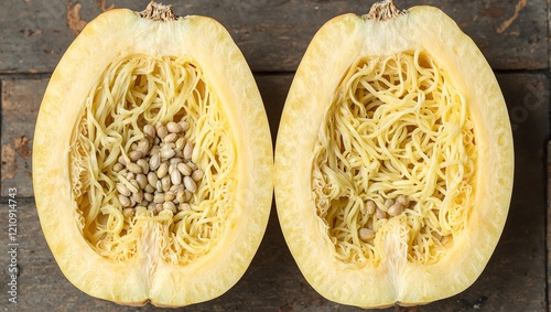 Fresh spaghetti squash with noodle like strands and seeds in a fibrous core photo