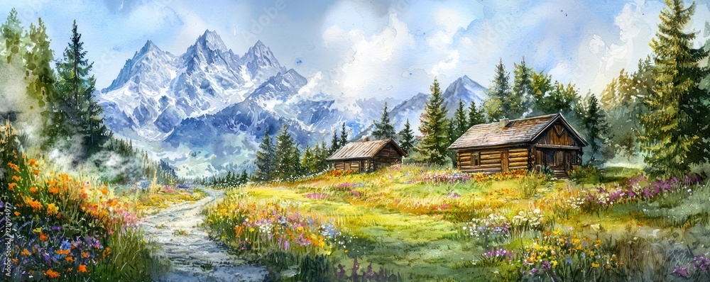 Fototapeta premium Watercolor depiction traditional mountain cabins with wildflower paths and rustic charm.