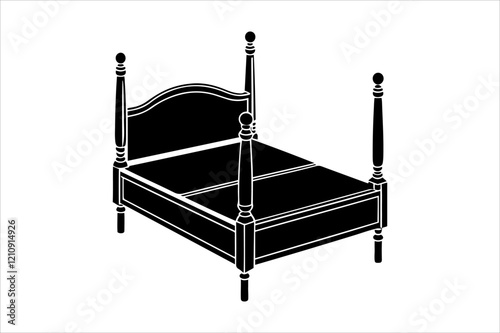 "Classic Wooden Bed Vector Illustration - Minimalist Black and White Design"