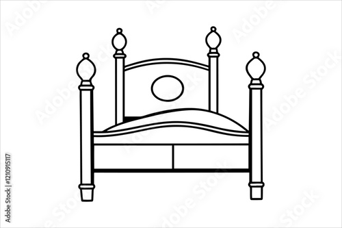 "Classic Wooden Bed Vector Illustration - Minimalist Black and White Design"