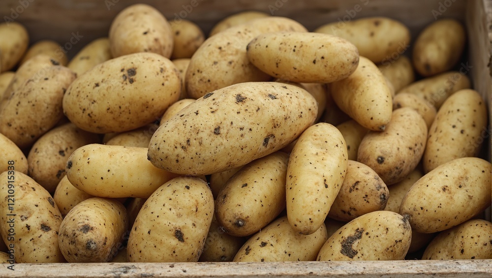 Fresh fingerling potatoes in various shades of yellow and brown nestled in a rustic wooden crate Fresh fingerling potatoes in various shades of yellow and brown nestled in a rustic wooden crate