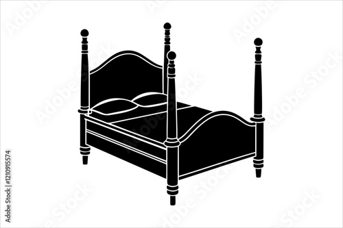 "Classic Wooden Bed Vector Illustration - Minimalist Black and White Design"