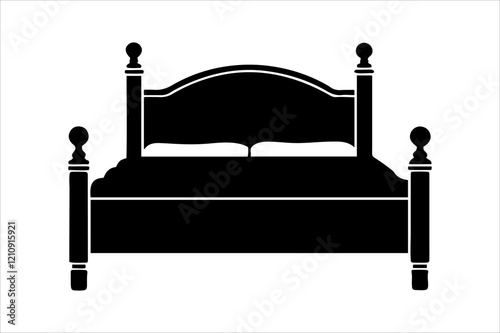 "Classic Wooden Bed Vector Illustration - Minimalist Black and White Design"