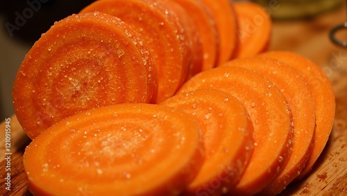 Freshly sliced carrot with vibrant core and water droplets under soft light