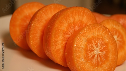 Freshly sliced carrot with vibrant core and water droplets under soft light