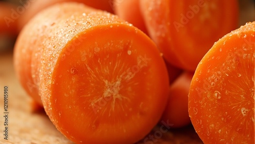 Freshly sliced carrot with vibrant core and water droplets under soft light