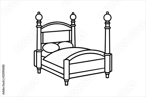 "Classic Wooden Bed Vector Illustration - Minimalist Black and White Design"