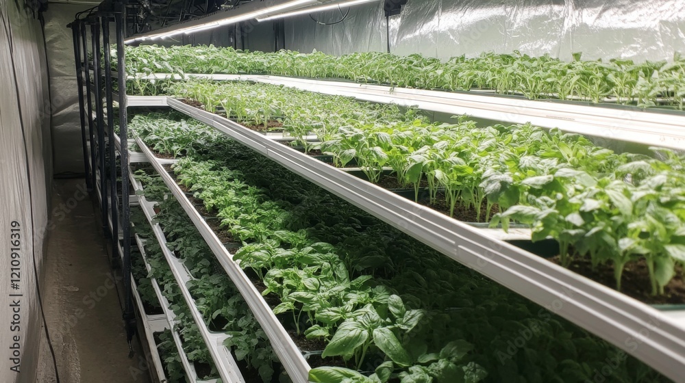 Indoor vertical farm with rows of growing basil and tomato plants under LED grow lights. Indoor vertical farm with rows of growing basil and tomato plants under LED grow lights.