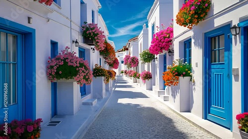 Picturesque White Street with Blue Doors and Colorful Hanging Flower Baskets Under a Bright Blue Sky

 photo