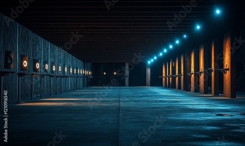 Night shooting range, illuminated targets, concrete floor, outdoor background photo