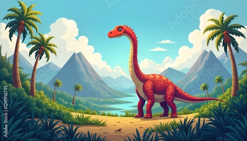 Fototapeta Naklejka Na Ścianę i Meble -  Colorful diplodocus dinosaur stands in rich Jurassic Park habitat. Tall palm trees, mountains surround tranquil valley. Dinosaur whimsical, playful, against vivid backdrop of prehistoric scene.