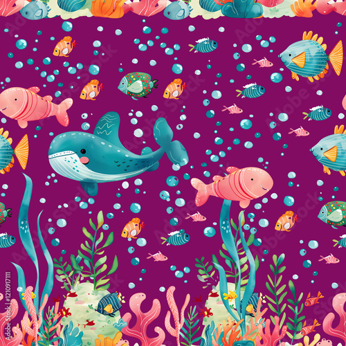 seamless pattern with cute fish and underwater world