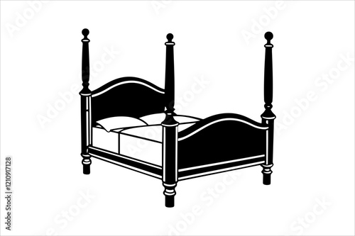 "Classic Wooden Bed Vector Illustration - Minimalist Black and White Design"