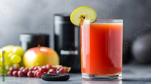 Refreshing red fruit juice in a glass with apple garnish, grapes, and protein containers in the background. photo