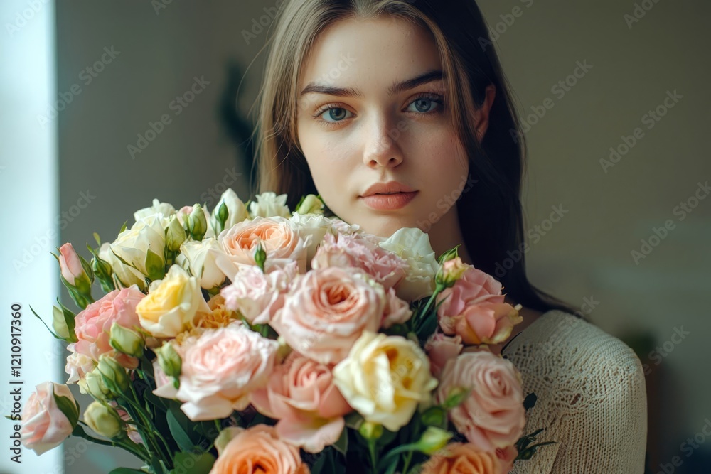 Very nice young woman holding big and beautiful bouquet of fresh eustoma, roses, ranunculus, carnation. close-up. Very nice young woman holding big and beautiful bouquet of fresh eustoma, roses, ranunculus, carnation. close-up.