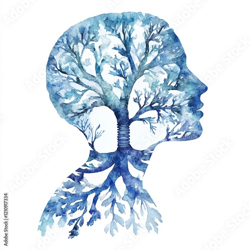 This artwork illustrates a serene representation of mindful breathing, blending human features with tree-like structures, conveying calmness and connection to nature