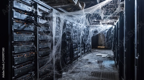Abandoned server room with cobwebs.