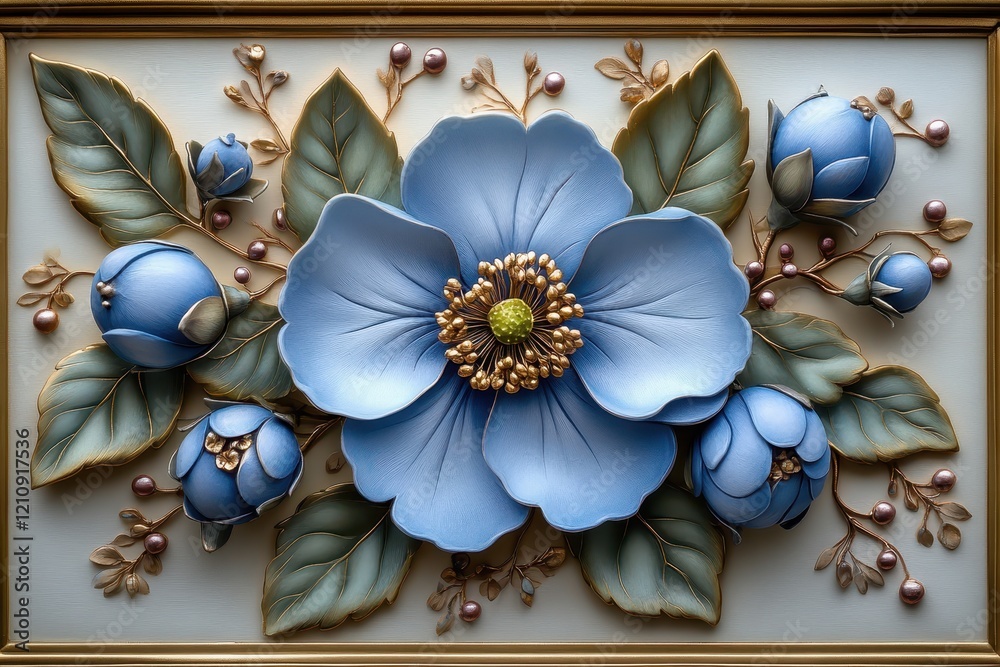 Fototapeta premium Decorative relief of blue flowers and buds with intricate detailing.