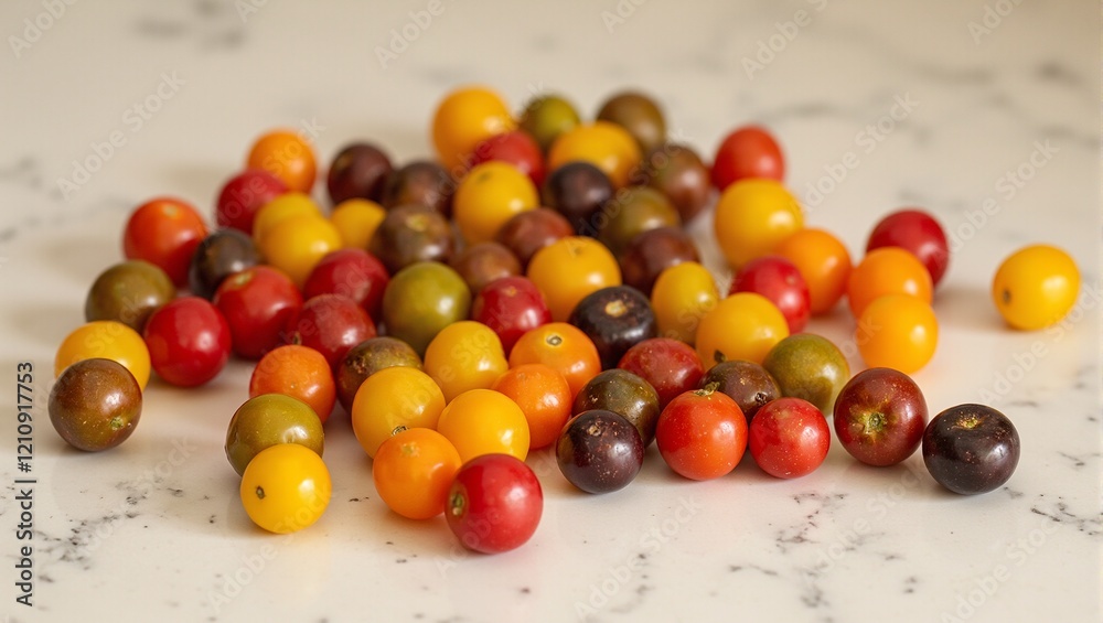 Obraz premium Colorful heirloom cherry tomatoes on marble countertop shiny vibrant a visual feast