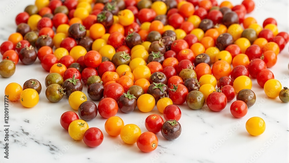 Colorful heirloom cherry tomatoes on marble countertop shiny  vibrant   a visual feast