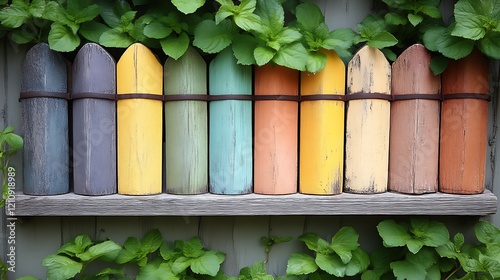 Colorful Wooden Fence Panels Decorated With Greenery photo