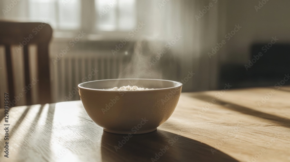 Steaming bowl of rice on a sunlit table. Steaming bowl of rice on a sunlit table.