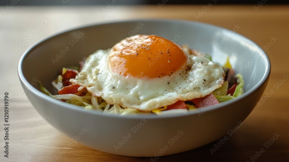 Sunny-side up egg atop a salad in a bowl. Sunny-side up egg atop a salad in a bowl.