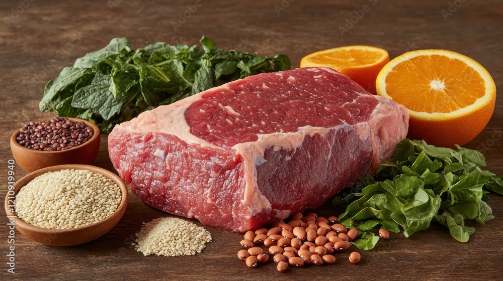 Nutritious Food: Beef Steak, Grains, and Citrus Fruits Nutritious Food: Beef Steak, Grains, and Citrus Fruits