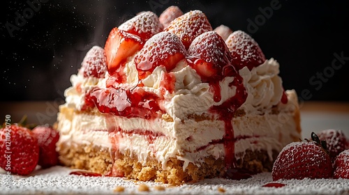 Delicious strawberry cake, creamy layers, powdered sugar, dark background, food photography photo