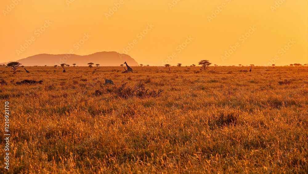 Obraz premium Vibrant savanna sunrise with giraffes and zebras amid golden grass and acacia trees