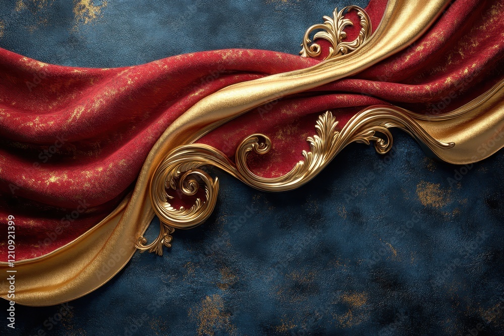 Elegant red and gold drapery against a textured blue background. Elegant red and gold drapery against a textured blue background.