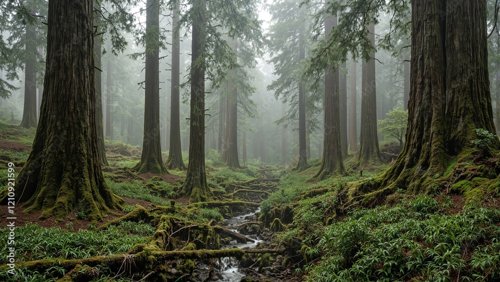 Fototapeta premium Enchanted temperate rainforest with towering redwoods and moss covered trunks streams flowing below