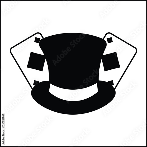 vector illustration design of silhouette of magic hat and playing cards in black and white color. suitable for logo, icon, poster, advertisement, banner, company, t-shirt design, sticker, website.
