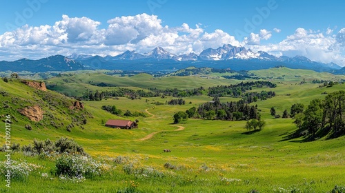 Scenic mountain valley ranch, summer landscape, wildflowers, peaceful background, ideal for travel brochures