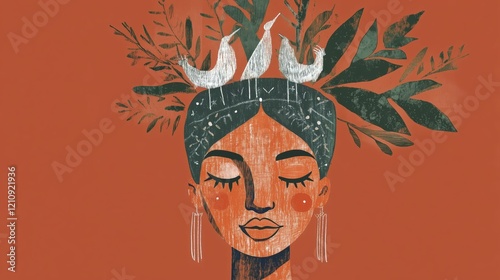 Illustration african queen brown background birds