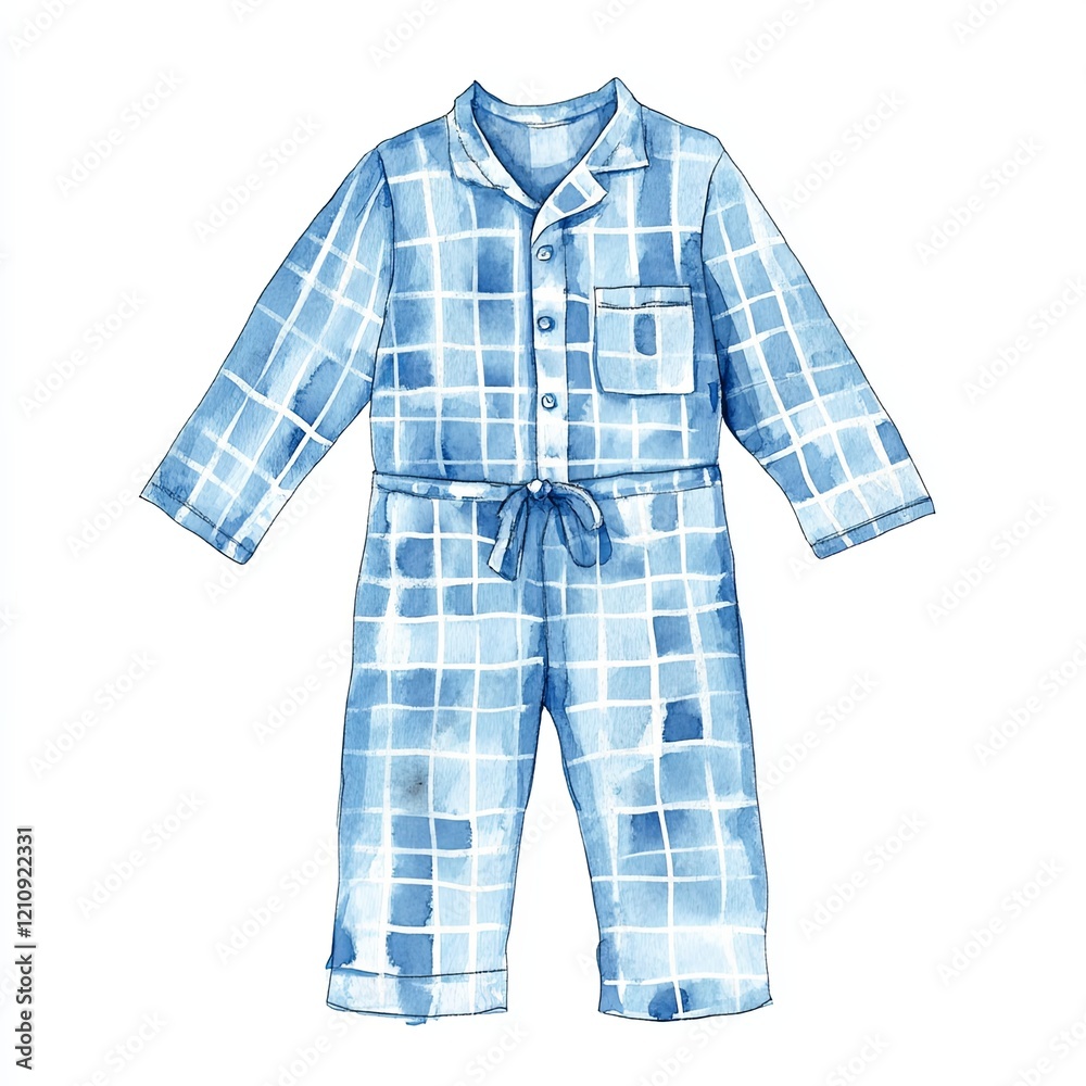 A watercolor illustration of a blue pajama set featuring a grid pattern is displayed on a white background. The design highlights intricate texture and fine details A watercolor illustration of a blue pajama set featuring a grid pattern is displayed on a white background. The design highlights intricate texture and fine details