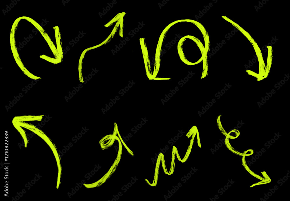Obraz premium green neon grunge arrow. Set of green neon hand drawn grunge doodle spiral and curved charcoal, chalk arrows on black background. 