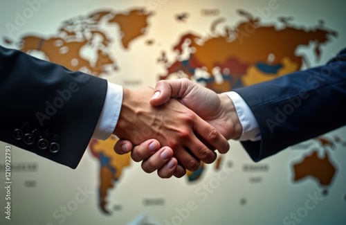 World leaders shake hands international cooperation, global partnership. Agreement on international relations forged. Diplomats meet at summit. Important discussion about global governance.