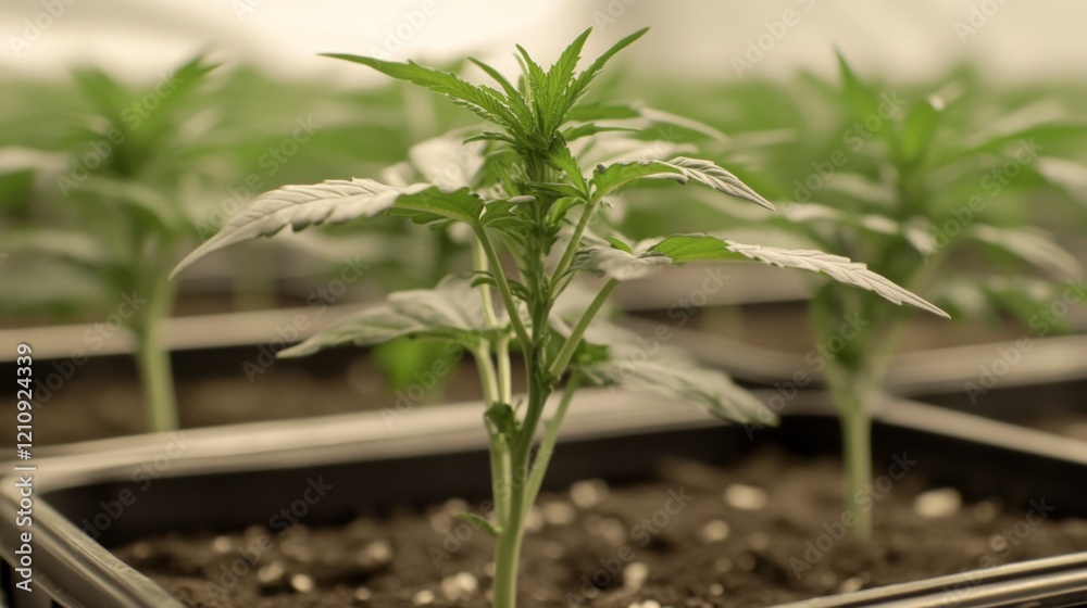 Young cannabis plants growing in containers indoors. Young cannabis plants growing in containers indoors.