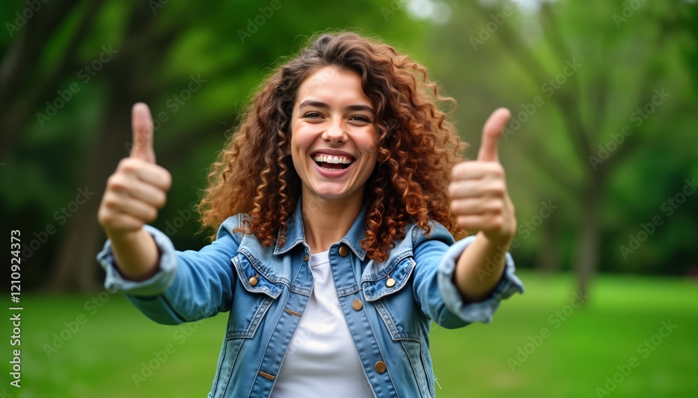 Young woman smiles broadly, gives thumbs up outdoors. Happy expression, confident gesture. Positive attitude in park setting. Success, happiness clearly conveyed. Casual clothing suggests relaxed,