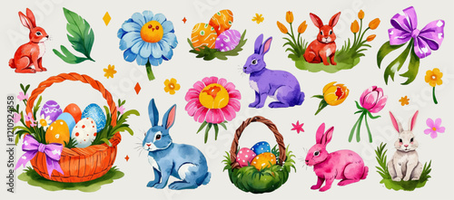 Easter set of vector watercolor decorative elements. Festive spring patterns and details. Bunny, eggs, wicker basket, flowers, bows, plants. Bright decorations for the holiday.