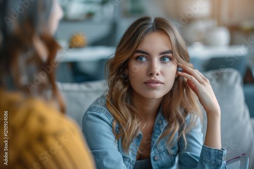 Wallpaper Mural A woman with long blonde hair is sitting on a couch and looking at another woman Torontodigital.ca