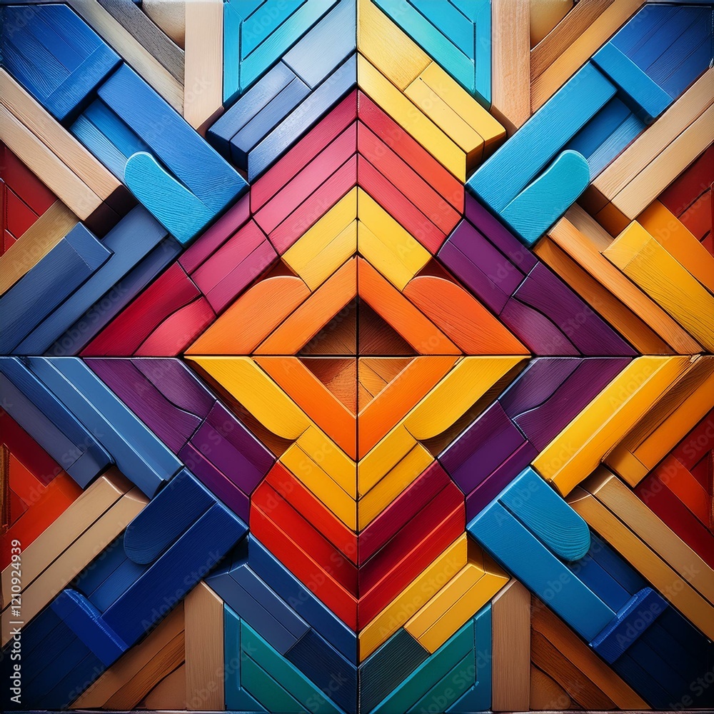 Fototapeta premium A vibrant composition of interlocking geometric shapes in diverse colors, representing unity and connection. Each shape has unique textures to symbolize individuality within a collective.