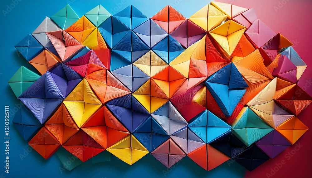 Fototapeta premium A vibrant composition of interlocking geometric shapes in diverse colors, representing unity and connection. Each shape has unique textures to symbolize individuality within a collective.