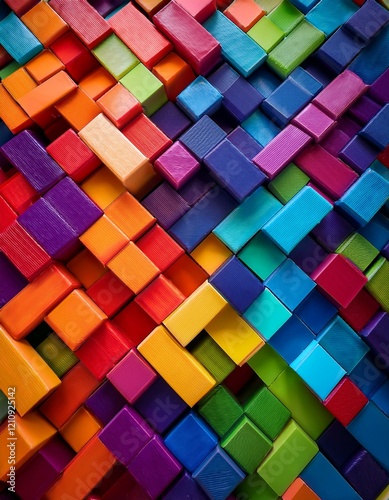 A vibrant composition of interlocking geometric shapes in diverse colors, representing unity and connection. Each shape has unique textures to symbolize individuality within a collective.