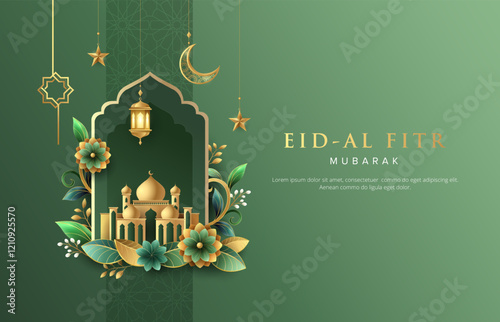 Minimalist Ramadan Kareem greeting design template with flowers and gold islamic lanterns, star and moon. Suitable for raya and ramadan template design concept.