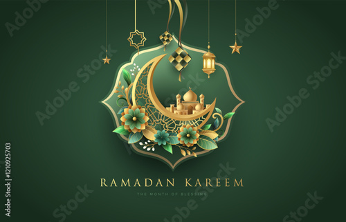Elegant Ramadan Kareem design on dark green background with gold ornament star, moon, flowers and lanterns. Raya and ramadan template design for poster, banner and greeting cards.