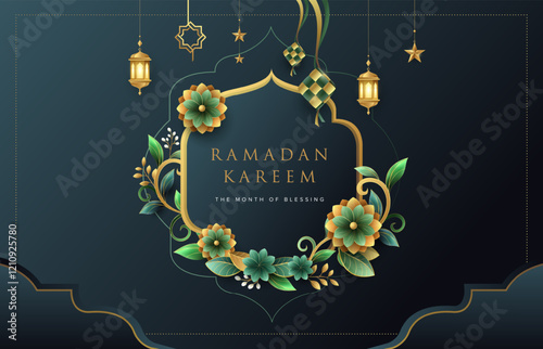 Beautiful Ramadan Kareem design template with flowers and gold islamic lanterns, star and moon. Raya and ramadan template design for poster, banner and greeting cards.