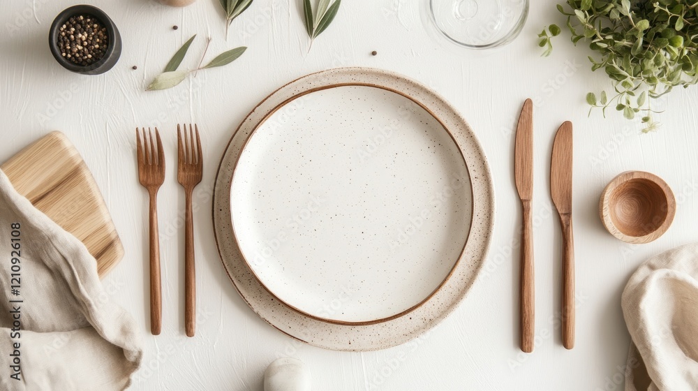 Rustic table setting, overhead view, white background, herbs