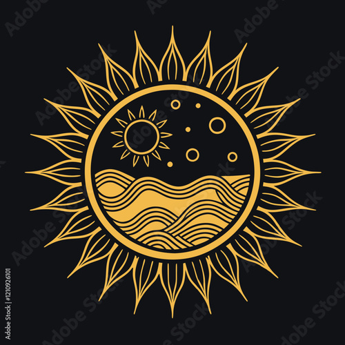 Celestial Sun Golden Circle Art, Nature Elements Collection, Mystical Design